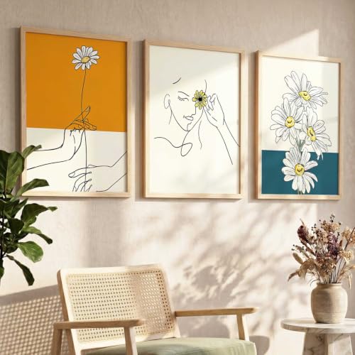 Image of kotart Aesthetic Line Art Home Decoration | Floral Paintings With Frame For Living Room Bed Room Hotel Wall Decor Digital Reprint Set of 3 (20x30 Inch)