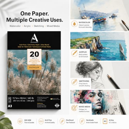 Image of ArtRight Artists' Watercolor Paper A3 300 GSM - 20 Sheets of Handmade Rough Grain Water Colour Papers for Watercolour, Acrylic, Gouache, Ink & Mixed Media