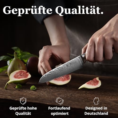 Wakoli EDIB Santoku Messer aus echtem Damaststahl (VG10 Kern) mit 12,5 cm Klinge – Scharf und handlich – Santoku Damastmesser mit Pakkaholzgriff in Geschenkbox – Küchenmesser klein für Gemüse & Obst