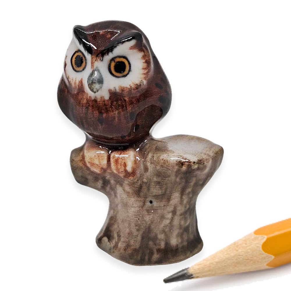 WitnyStoreTiny 1⅜" High Brown Owl On Tree Stump Figurine - Miniature Hand Made Painted Ceramic Owls Owlet Nocturnal Bird Cute Porcelain Animal Colorful Small Decorative Collectible Figure Décor Gifts