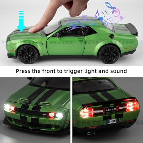 Image of 1:22 Dodge Challenger SRT Hellcat Die Cast Toy Car with Sound Light Pull Back Action Model Vehicle for Kids & Collectors Realistic Design Great Gift for Car Enthusiasts (Green)