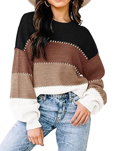 Womens Sweaters Fall 2025 Fashion Long Sleeve Color Block Oversized Sweater Trendy Casual Crew Neck Knitted Tops Pullover