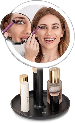 FEC Espejo de maquillaje con aumento LED, espejo de tocador de pie con luces y altavoces, aumento iluminado 5X con espejo desmontable de primer