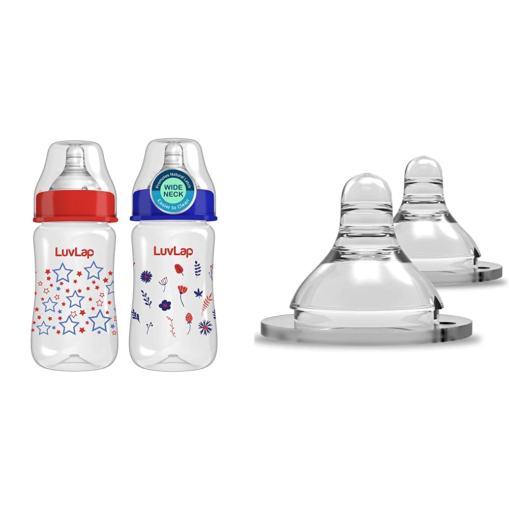 LuvLap Wide Feeding Bottle 250 ml, Pack of 2 & Wide Nipple Variable Flow, 2 Pcs