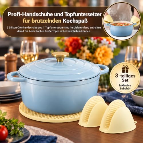 Nilpferd Gusseisen Topf Schmortopf Emaille Bräter, Puderblau, 24cm/4L – Ansicht 4
