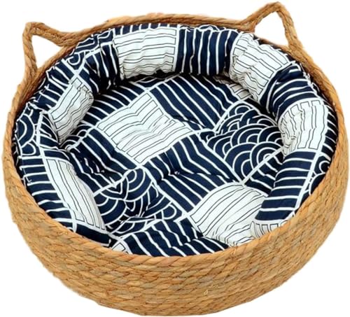 ペットベッド 猫ベッド 犬ベッド 夏用 犬猫用 猫 爪研ぎ 可愛い 手編み 藤編み ラタン ペットマットクッション付き 涼しい 通気性 夏用 編み上げ 水洗い 猫寝床 柔らか 天然素材 安全 無味 室内用 ペット用品 (46CM) (M)