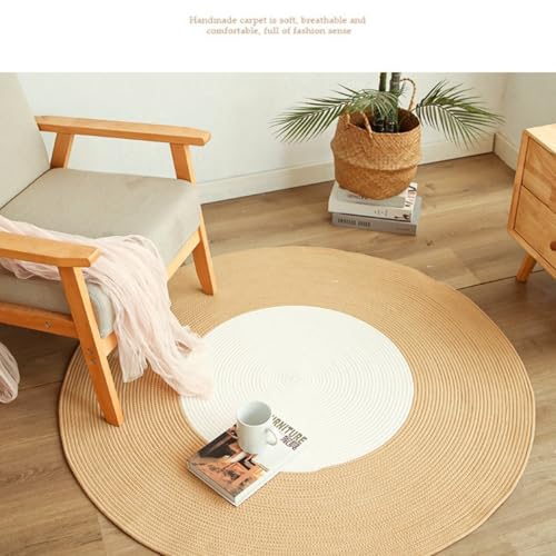 Vskdラグマット 円形 コットン 手編み 北欧 ナチュラル オールシーズン 洗える 床暖房対応 ホットカーペット対応 ハンドメイド 天然素材 綿ロープ フリンジ リビング ベランダ テーブルマット 敷物 和風 モダン インテリア おしゃれ コンパクト 軽