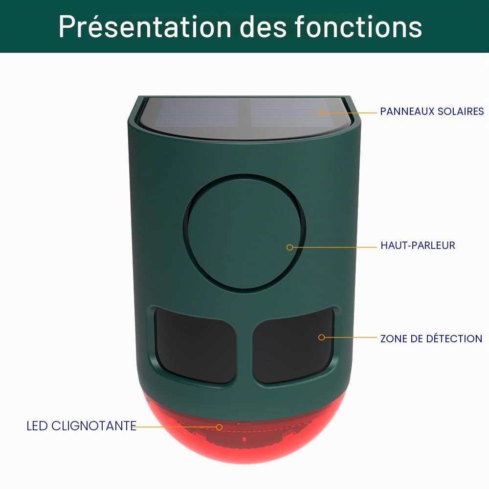 Alarme extérieur solaire à détecteur de mouvement – Bruit sonore de 129 dB, détecteur de mouvement multibande haute fréquence à ultrasons avec lumière stroboscopique, pour la cour, la ferme, le jardin