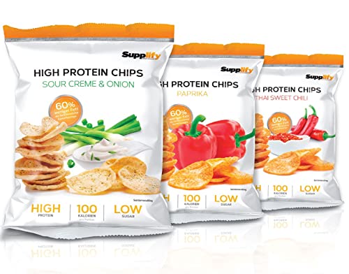Supplify 6x50g High Protein-Chips Mix-Box in verschiedenen Geschmacksrichtungen (Paprika, Thai Sweet Chili, Sour Cream ´n Onion) - Low Carb Eiweißchips - Proteinchips kalorienarm, Fitness Snack