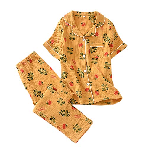 ZJXSNEH 100% Coton Pyjama 2021 Femmes Printemps et été Pantalon à Manches Courtes Coton crêpe Costume Service à Domicile Mince Dessin animé Deux pièces Costume L Cover