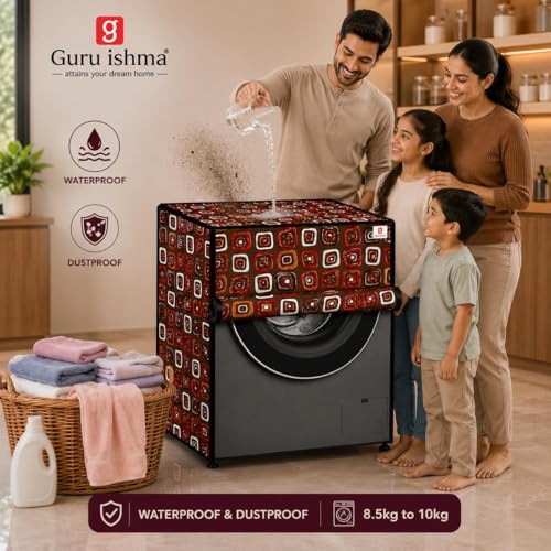 Image of GURU ISHMA Front Load Fully Automatic Washing Machine Cover for 8.5kg to 10kg | Waterproof & Dustproof Polyester Cover with Zip Closure | Suitable with Samsung, IFB, LG, Bosch & More (67 x 67 x 87 cm)