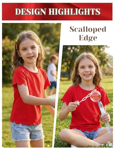 Image of Noomelfish Girls Short Sleeve Scalloped Edge T-Shirts Casual Cute Summer Tee Tops Blouse (5-12 Years)