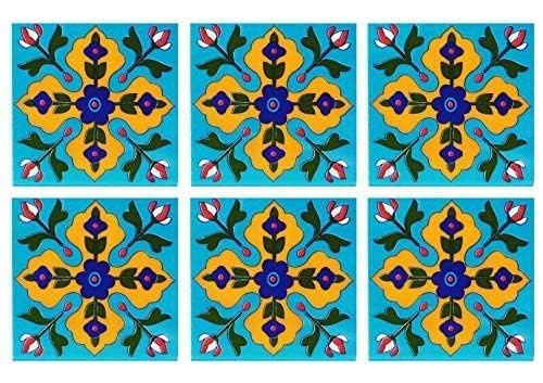 Blue Pottery Home Decorative Ceramic Wall Hanging Tile Design Flooring Tiles Floral Kitchen Washroom Mosaic Furniture Tile Handmade Backsplash 3 x 3 Inches (Pack of 6, Multicolor)-picture-28
