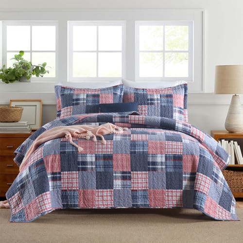 VISIMISI Cotton Bedding Quilt Sets Reversible All Season Real Patchwork Coverlet Sets All Season Blue Bedspread, Houndstooth Plaid Pattern, Queen Size