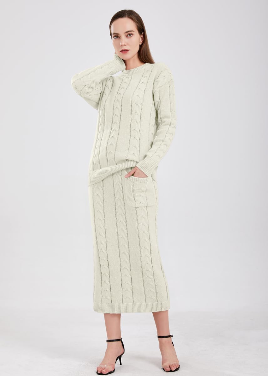 chouyatou Women Winter Casual Chunky Cable Knit Long Pencil Skirt 2 Piece Outfit Oversized Pullover Sweater Sets - Image 6