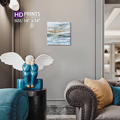 Bathroom Wall Art Abstract Canvas Art Print Framed Modern Blue Ocean Picture Small Coastal Sunset & Sunrise Artwork For Sea Lake Themed Home Bedroom Décor 14X14Inch #TOP3