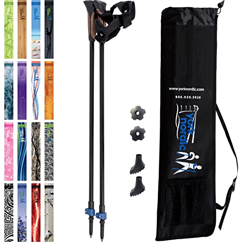 Official Nordic Walking Poles - True Classic Nordic Glove Grips Lightweight Adjustable and Collapsible -2 Pieces w/flip Locks Detachable Feet and Travel Bag by York Nordic - Heights 54-62