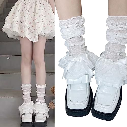 Womens Knee High Socks With Lace Bowknot, Long Stockings, Sexy Leg Warmer, Loose Nylon Socks3