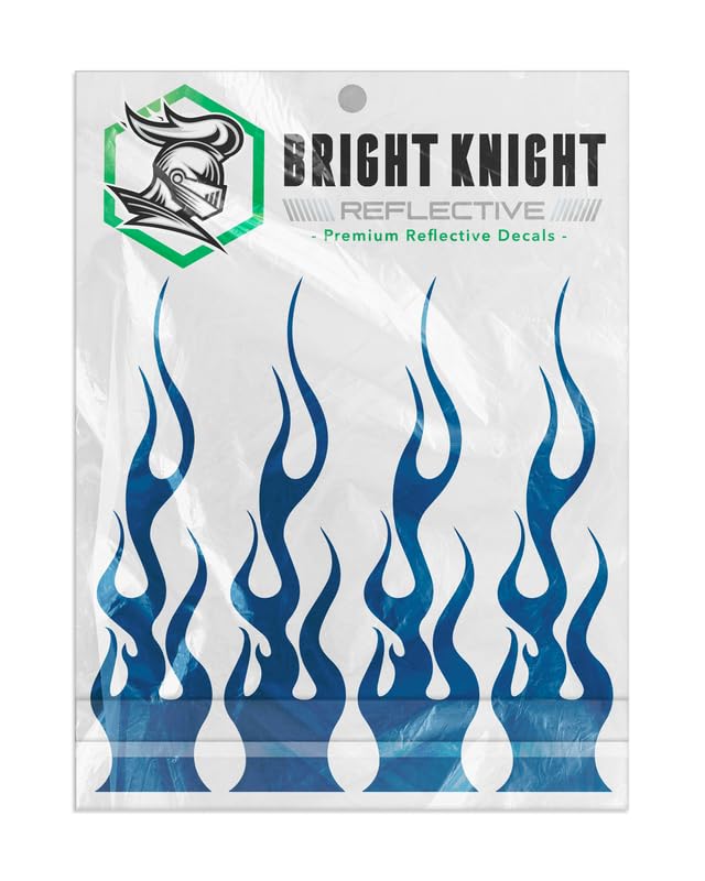 Bright Knight Decals Reflective Flame Stickers - Set of 4 Blue Flame Dirt Bike Stickers for Frame, Motorcycle Helmet Decals, Fire-Design Waterproof 3M Vinyl for Racing Bicycles, Cars, Trucks