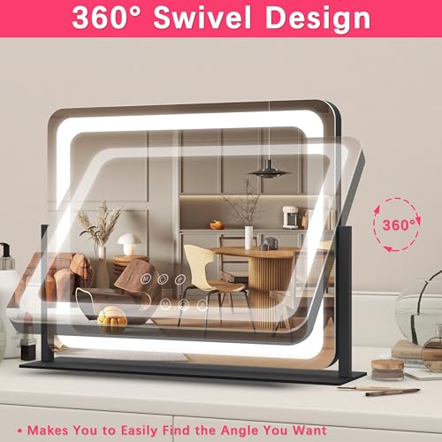 Image of ROLOVE 22x17 Inch Lighted Vanity Mirror with Dimmable LED Lights - 3 Color Modes, Smart Touch Control & 360 Rotating Base - Desk Makeup Mirror (Black)