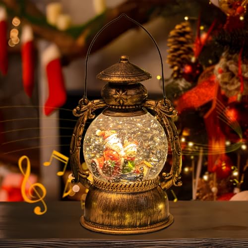 Christmas Lantern Snow Globe with Music, Christmas Decoration Santa Claus Musical Snowglobe, Vintage Lighted Xmas Water Glittering Snowing Globe as Ornaments Xmas Gift