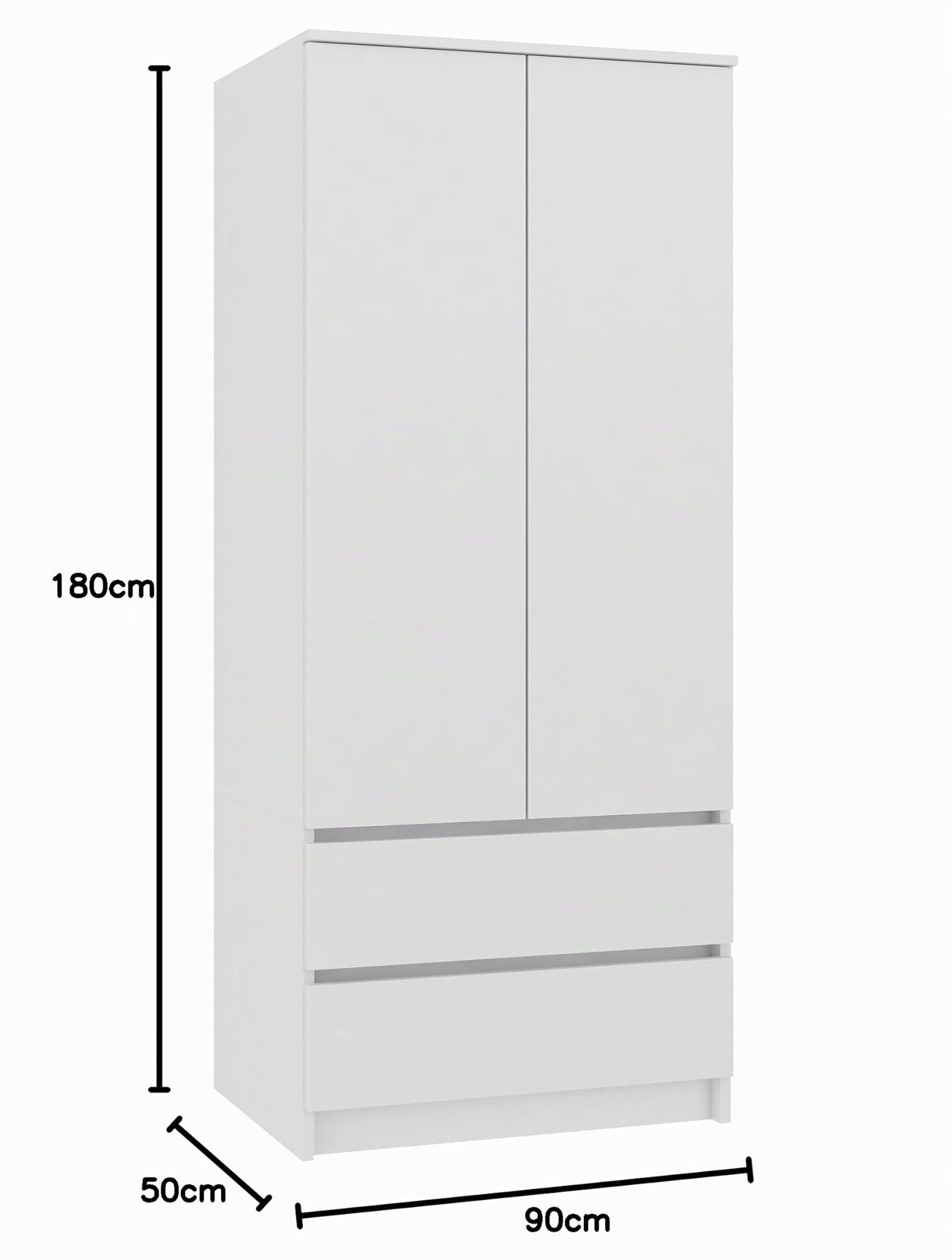 CDF Armoire Chambre 2 Portes 2 Tiroirs avec Etagères, Adult Bedroom Armoire Une Tringle Dressing Placard Multifonction Meuble de Penderie Panneau Stratifié 16mm Largeur 90 cm Blanc