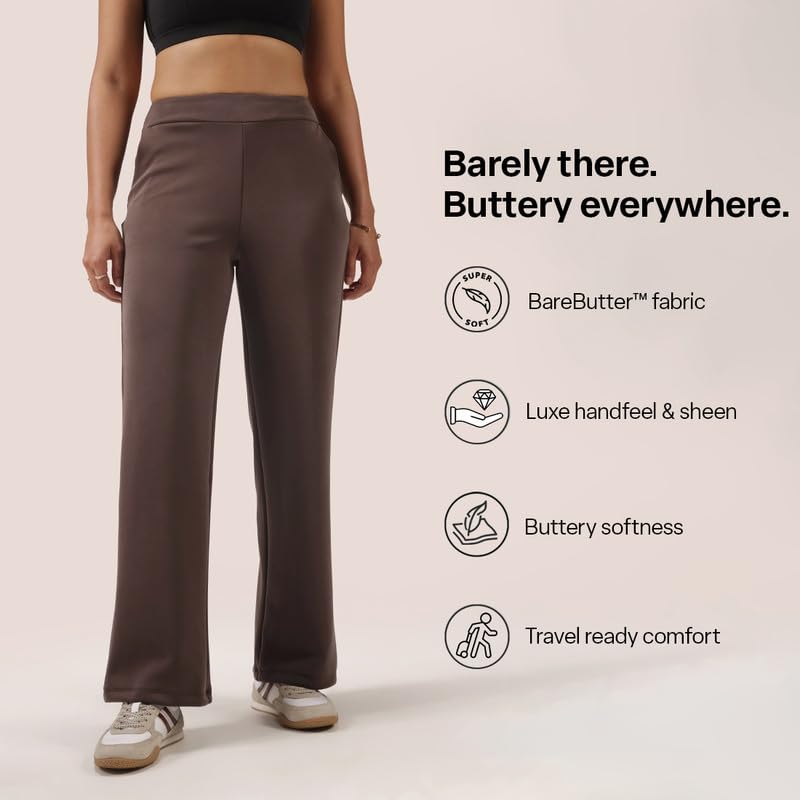 Image of BlissClub Womens BareButter Straight Pants, High Rise, Straight fit,Pockets, Comfortable Waistband,Regular Variant Below 5'4