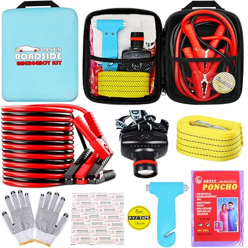 Image of LIANXIN Car Emergency Roadside Tool Kit, Auto Emergency Kits Vehicles, with Jumper Cables kit，Car Safety Roadside Assistance Kit,Headlamp,Tow Straps,Safety Hammers,Rainwear,Gloves.Sky Blue