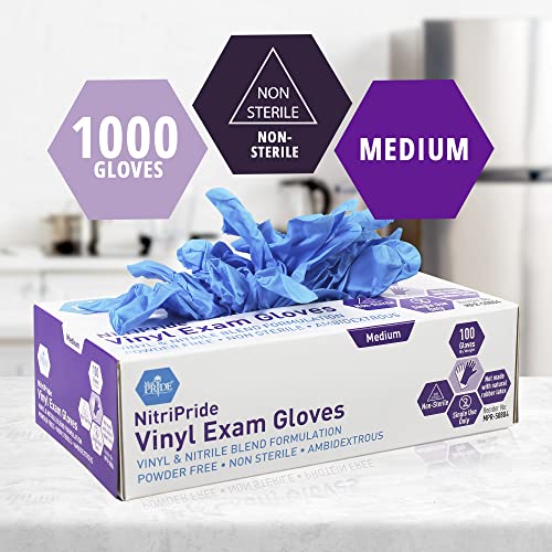 med pride disposable multipurpose hand protection nitrile-vinyl blend exam gloves medium 100 - powder latex amp rubber free - single use non-sterile protective gloves