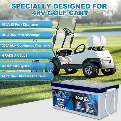 Image of WEIZE 48V(51.2V) 105AH Golf Cart Bluetooth LiFePO4 Battery (Replace 6x8V GC8) with Lithium Batteries Charger, LCD Display, Grade A Cells, 200A BMS, Low-Temp Protection for Golf Carts, FCC Listed