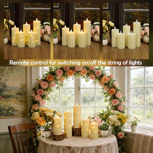 Image of kakoya Outdoor Waterproof Flickering Flameless Candles with Timer,5Pcs Battery Operated LED Pillar Candles with Embedded Star String for Outdoor Lanterns,Porch,Patio Decor(Ivory)