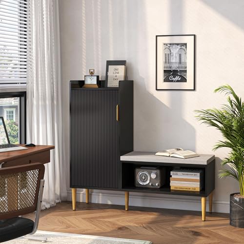 Image of Storage Bench with Fluted Door&Shelf, L-Shaped Entryway Bench | Black Modern Living Room Bench with Padded Seat, Small Shoe Organizer Cabinet for Hallway, Office