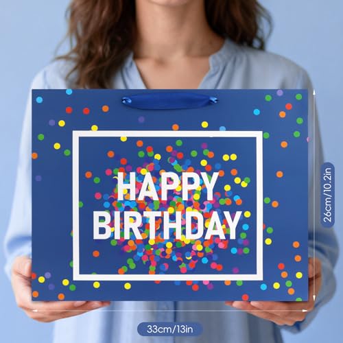 Image of JMANNI Large Happy Birthday Gift Bag with Tissue Papers and Greeting Card,Portable Paper Gift Bags with Handles, Navy Blue Present Bags for Women Men Birthday Party Supplies 13 inch x 10.2 inch x 4.7 inch