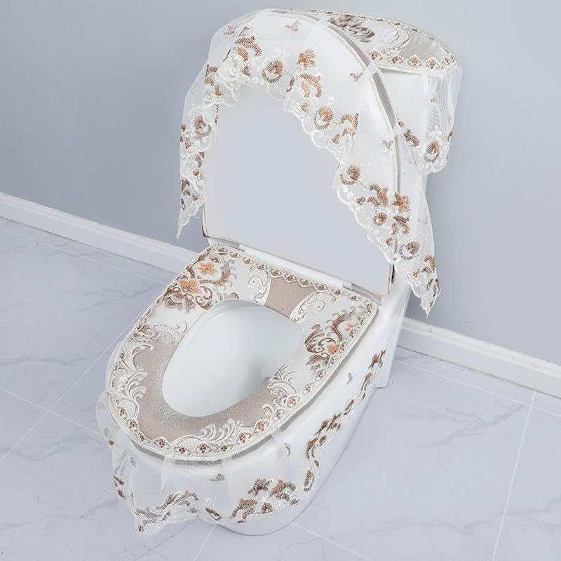 YOFAB 3 Stück/Set Silber WC-Deckelbezug Set Spitze Blumen Toilettendeckel und Tankabdeckungen Toilettensitzbezug waschbar