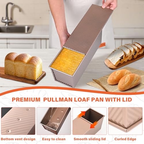 Image of Pullman Loaf Pan with Lid 13x4 Inch, 2.2lb Dough Capacity for Homemade Bread, Non-stick Corrugated Carbon Steel Bread Toast Box with Cover for Bakeware, Sandwich & Toast Oven Baking, Gold