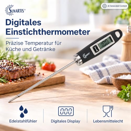 Foto von SUNARTIS - Digitales Haushaltsthermometer Anzeige in °C oder °F - | Präzises Thermometer für Lebensmittel und Getränke - Fleischthermometer