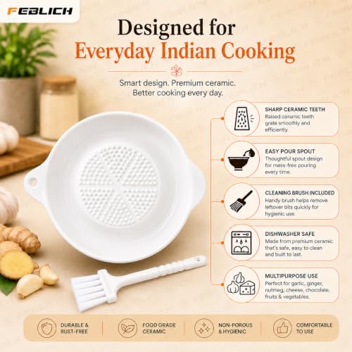 Image of Ceramic Garlic Grater Plate with Brush Manual Crusher Grinder Tool for Ginger, Garlic, Turmeric, Nutmeg, Fruits & Vegetables Durable, Easy to Clean, Non-Slip Kitchen Utensil (Small)