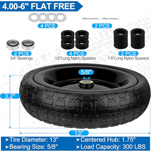 Image of 13 Inch Flat Free Wheels Tires 4.00-6 Solid Replacement with Universal 5 /8 inch Axle Bore Hole, 4 Spacers and 2 Pins, for Wheelbarrow, Garden Wagon, Hand Truck, Trolley, Lawn Mower, 1 Pack