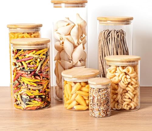 Image of MARTVIA Glass Food Storage Jars with Bamboo Lids 350ml Set of 4, Wide Mouth Lid Jar for Home Kitchen,Flour, Sugar, Coffee, Pasta, Oats, Grains, Cookies, Snacks (Round 350 ML Jar, SET OF 4)