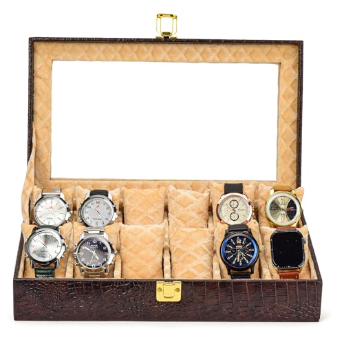 Image of NAAZS Luxury Leather Watch Organizer Box for Men - 12 Slot Watch Storage Case with Glass Lid & Velvet Lining - Display Box for Wrist Watches, Jewelry Holder, Travel Case - Gift for Men & Collectors