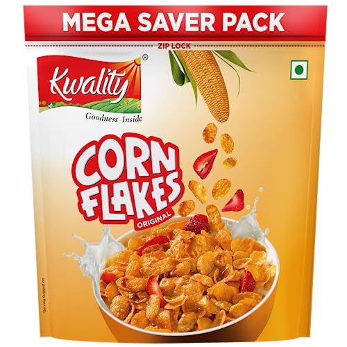 Image of Kwality Corn Flakes 1kg | Made with Golden Corns | 99% Fat Free, Natural Source of Vitamin & Iron | High in Protein & Fiber | Healthy Breakfast Cereal (Pack of 3)