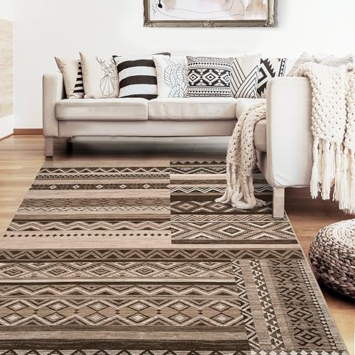 GarveeHome Vintage Geometric Patchwork Rug for Living Room 5x7 Machine Washable Throw Rug, Non-Slip Low-Pile Indoor Tribal Carpet, Indoor Foldable Floor Cover for Bedroom Office Under Table, Brown