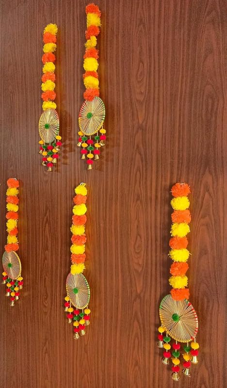 EXEMARTZ Decorative Marigold Hanging Latkan with Ring Bells | Artificial Fluffy Flower Hangings for Home, Mandir, Wedding & Festival Decoration | Orange & Yellow Traditional Dcor | Set of 5 2