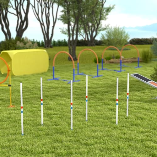 PawHut Agility Set Hunde 6-teiliges Agility-Ausrüstung für Hundetraining klappbar Steckhürdenset mit 6 Slalomstangen Tragetasche Trainingszubehör Koordinationstraining Agilityset für Spiele Training