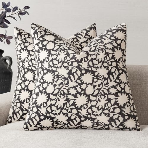 Image of Foindtower Set of 2 Decorative Neutral Floral Throw Pillow Covers Accent Farmhouse Cushion Covers Boho Vintage Pillowcase for Couch Sofa Bedroom Living Room Home Decor18x18 Inch,Black