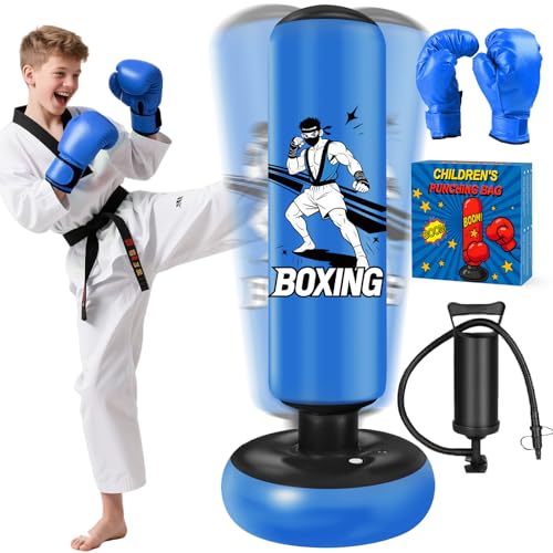 Saco de Boxeo de Pie, 168 cm Saco Boxeo Niños, Inflable Bolsa De Boxe con Guantes y Bomba para Practicar MMA Karate Taekwondo Punching Ball para 5-18 Niños Adolescentes