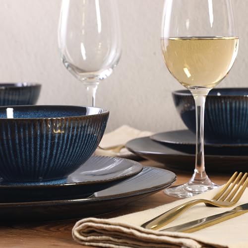 Image of Gibson Elite Midnight Lune Plates and Bowls Sets, 12-Piece Stoneware Dinnerware Sets, Reactive Glaze Dish Set - Blue