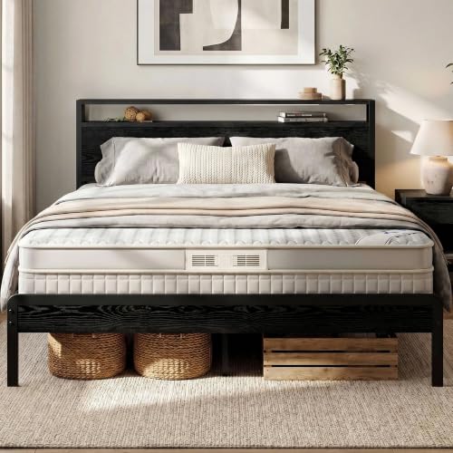 Image of LIKIMIO Queen Bed Frame with Headboard, Dark Wood Camas Queen with Strong Supports, Sturdy, Noise-Free, No Box Spring Needed, Black