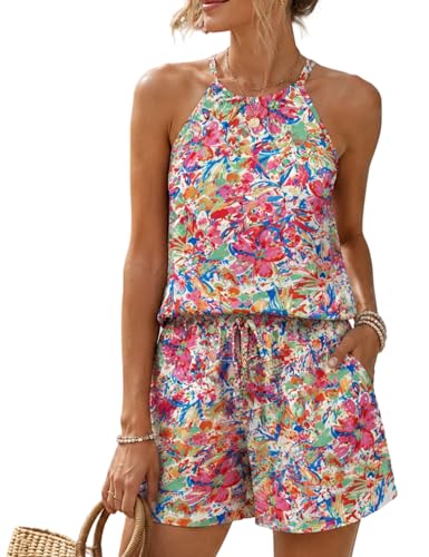 Image of Rapbin 2 Piece Short Sets for Women Casual Vacation Summer Outfits Sleeveless Halter Tops Loose Fit