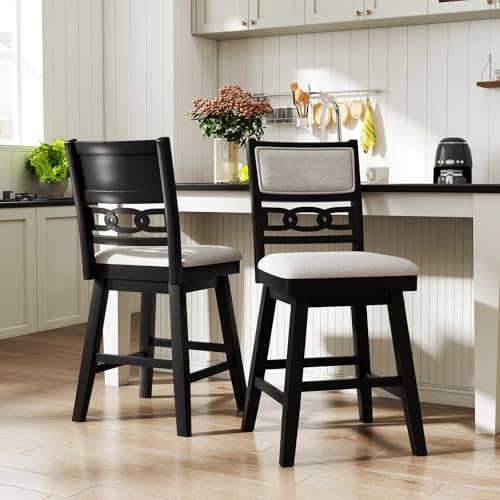 Butacos Giantex de 25 pulgadas, set de 2 sillas altas modernas para barra con respaldo acolchado y ahuecado, estructura de madera de caucho, giro de 360°, para isla de cocina, pub o cafetería miniatura 2